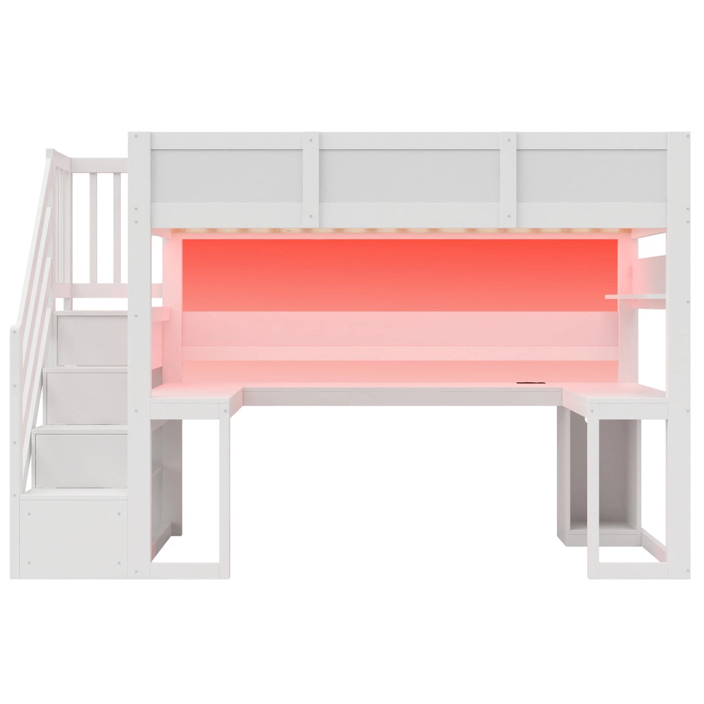 Letto a soppalco 90x200 cm con scrivania integrata e luci LED; bianco