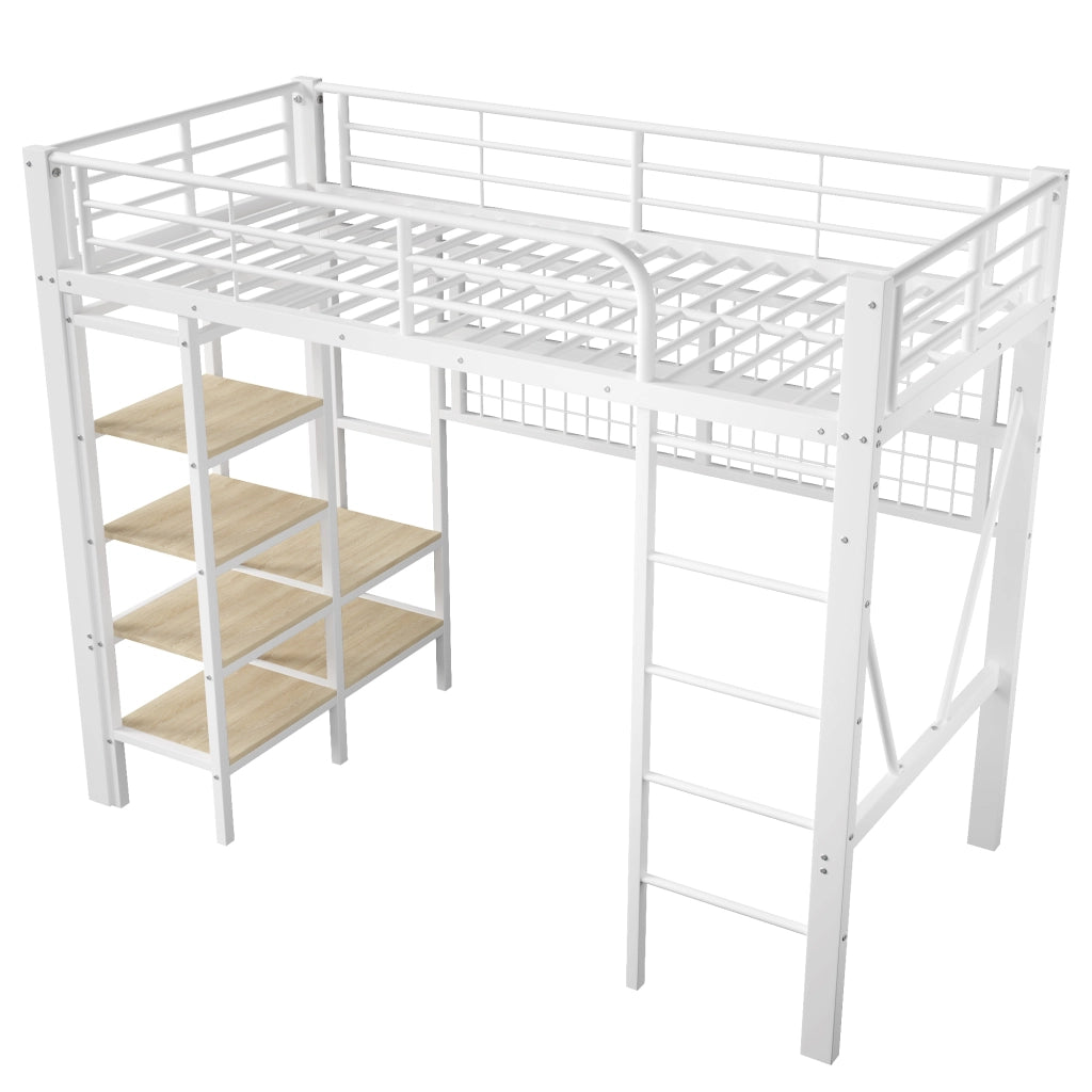 Letto a soppalco - Zephmum- 90x200 cm - Bianco - Telaio in ferro, ripiano, rete appendiabiti, spazio aperto, striscia LED