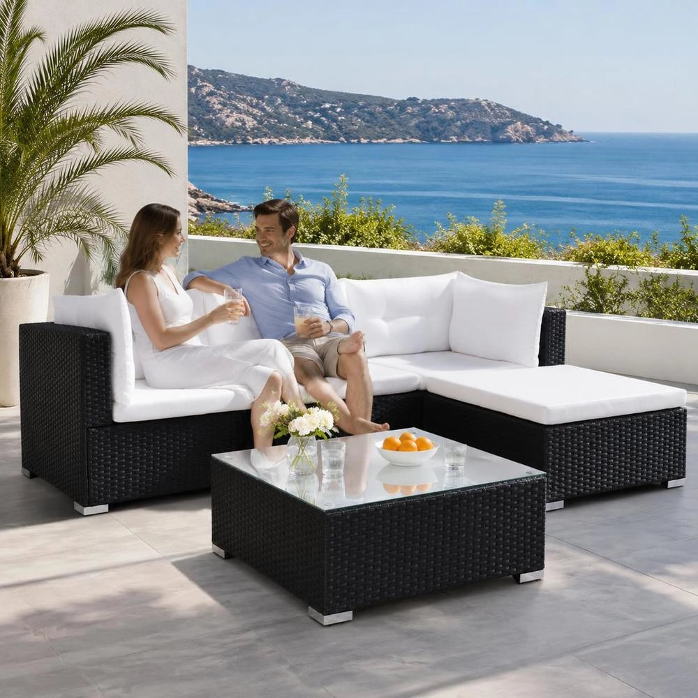 5-piece Garden Lounge Set With Cushions, Poly Rattan, Black