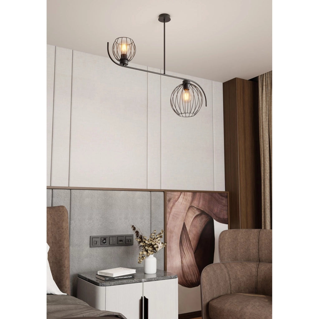 Lampadario Industrial 2 Luci Shamash In Acciaio Nero Paralumi A Gabbia