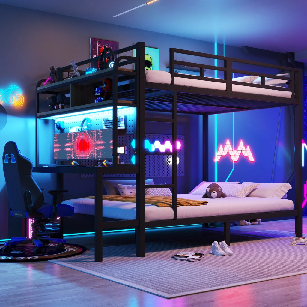 Letto a castello 140x200 cm con scrivania integrata e luce LED, struttura in metallo e MDF, nero
