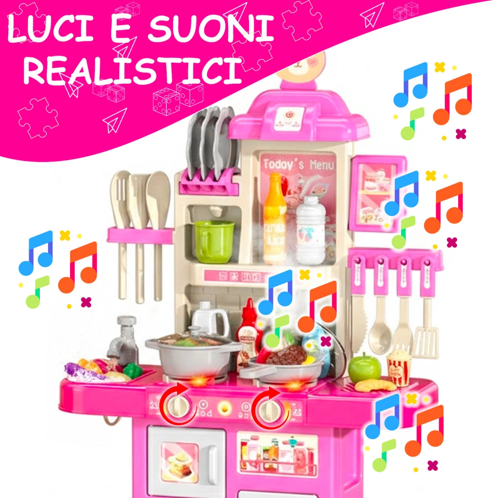 Cucina Giocattolo Per Bambini Con Effetti Luminosi E Suoni Realistici 69 Accessori Rubinetto Con Sistema Di Riciclo Dell'Acqua E Fornelli Per Bambini Dai 3-5 Anni Set Cucina Rosa E Bianco
