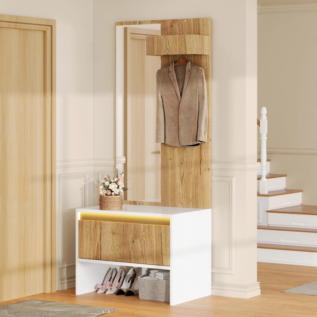Set appendiabiti con specchio, panca porta scarpe e 2 cassetti, 60×38×145 cm, bianco e naturale