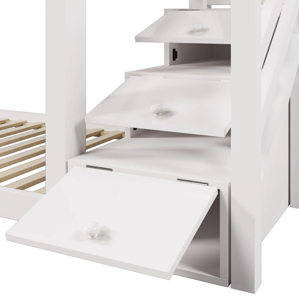 Letto per bambini 90 x 200 cm; letto a castello con camino; contenitore; protezione anticaduta; bianco; pannello e 2 reti a doghe inclusi; bianco
