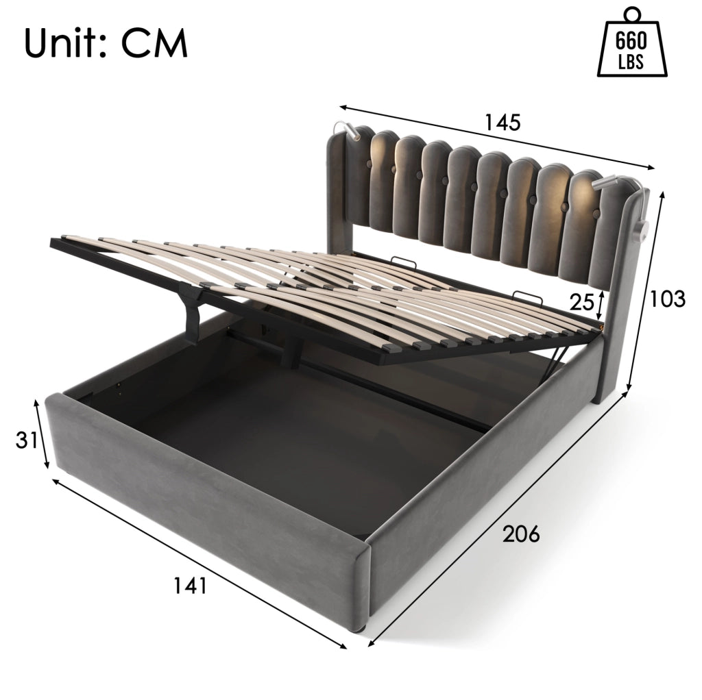 Letto matrimoniale contenitore 140x200 cm in velluto grigio con luce da lettura e USB