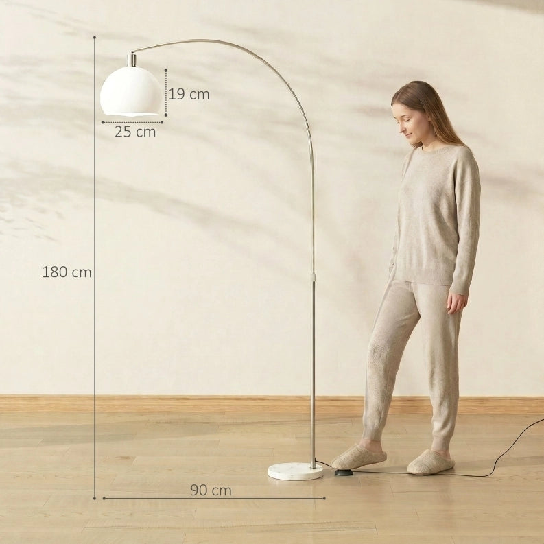 Lampada da Terra con Base in Marmo, Paralume in Plastica Bianco, Interruttore a Pedale, Design con Testa Curva