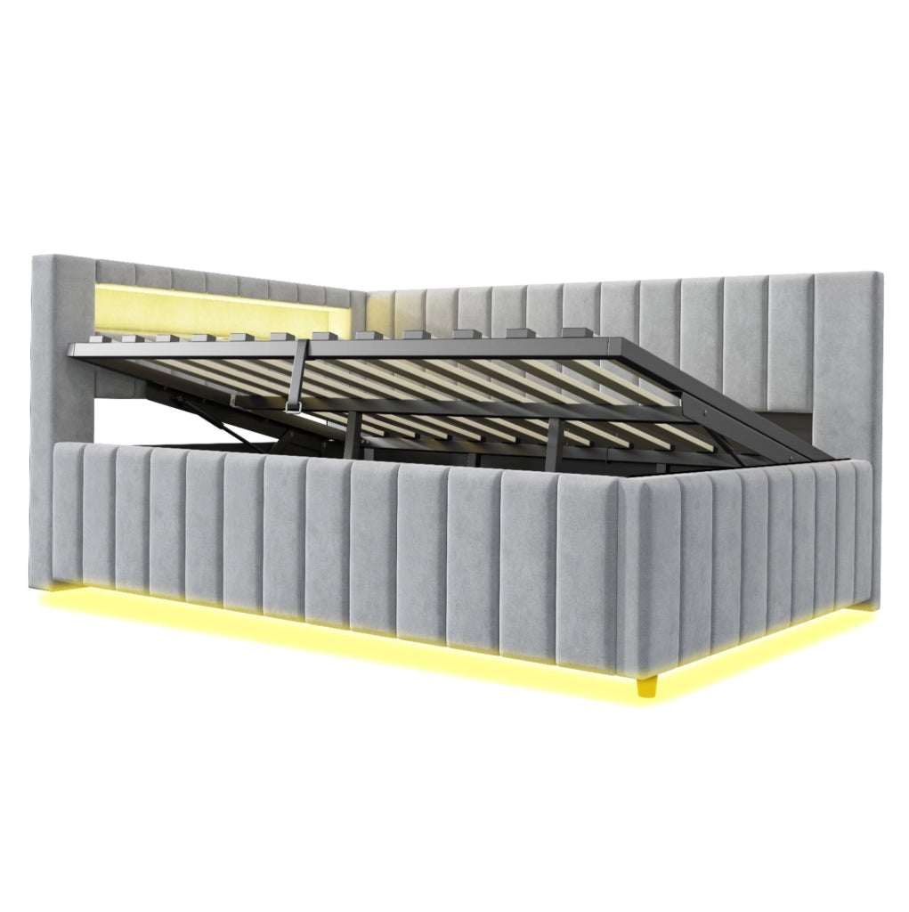 Letto imbottito 140x200 cm con contenitore idraulico, LED e USB in velluto grigio