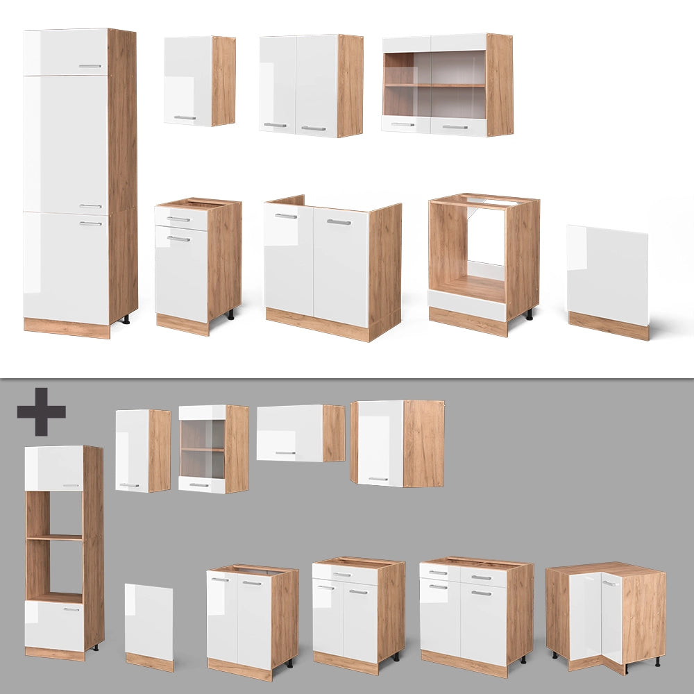 Cucina componibile R-Line Bianco lucido/Rovere dorato 300 cm, PL Rovere Vicco