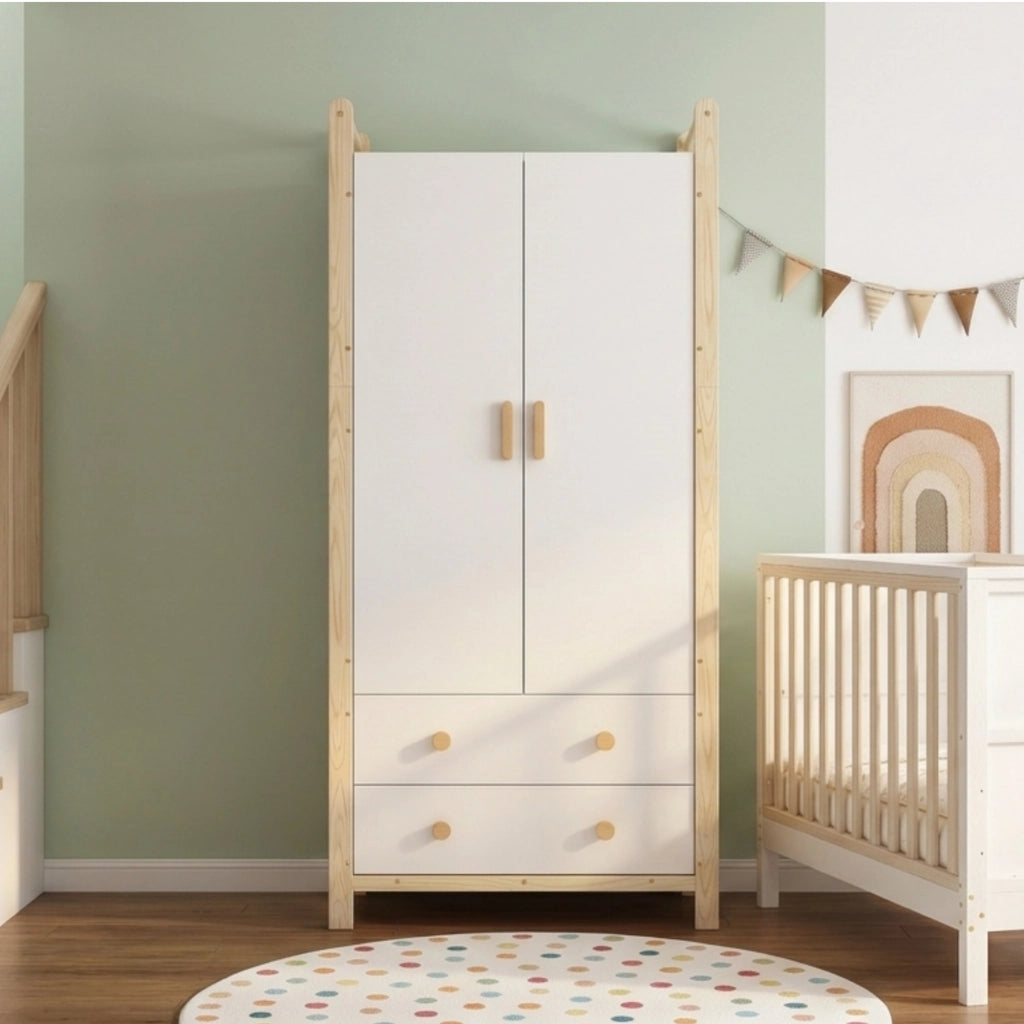 Armadio a 2 ante con appendiabiti e 2 cassetti per camera da letto bianco e legno 90 × 45 × 180 cm