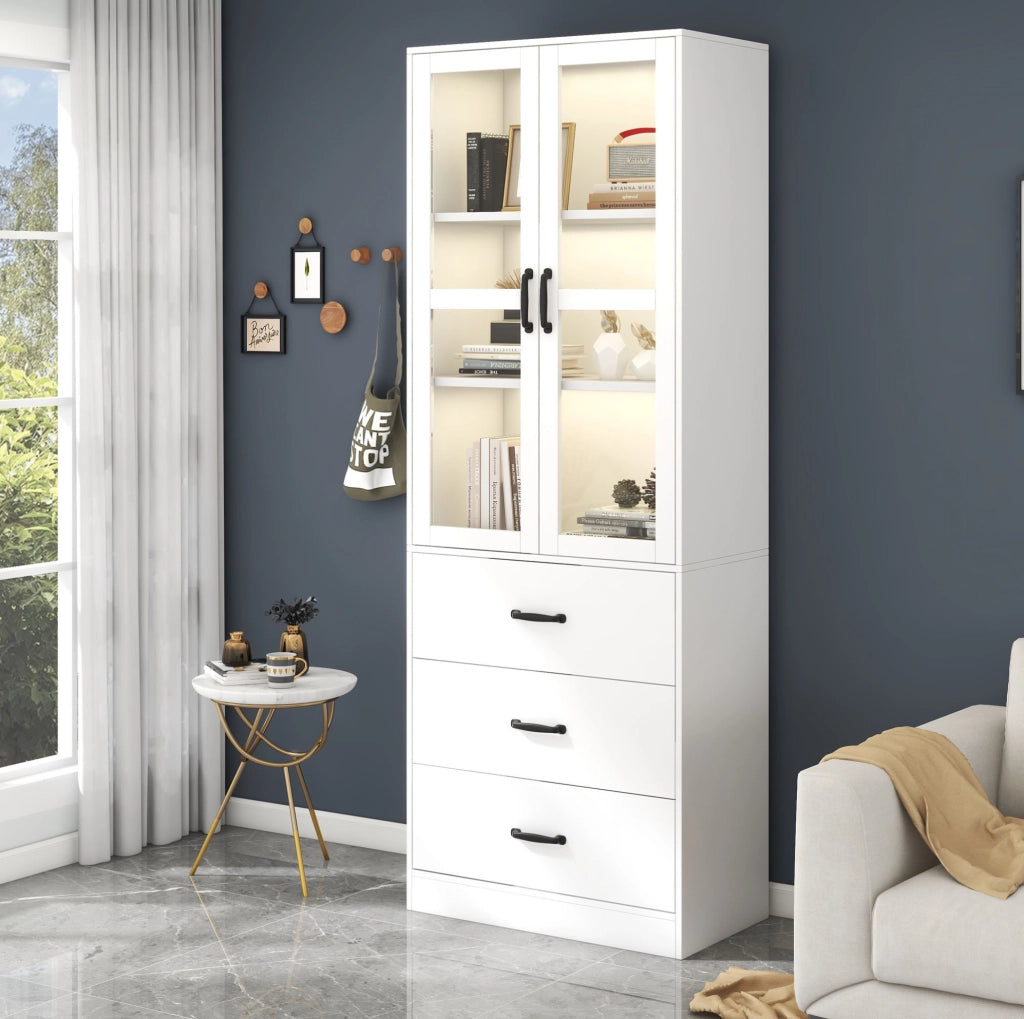 Vetrina alta 200 cm con 2 ante in vetro, 3 cassetti e LED USB bianca