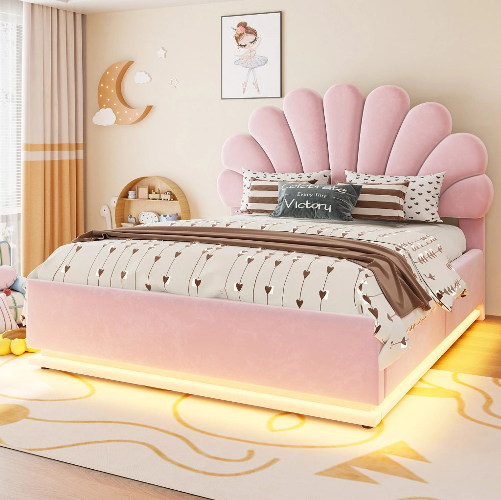 Letto imbottito 140 × 200 cm con contenitore idraulico e LED; velluto rosa
