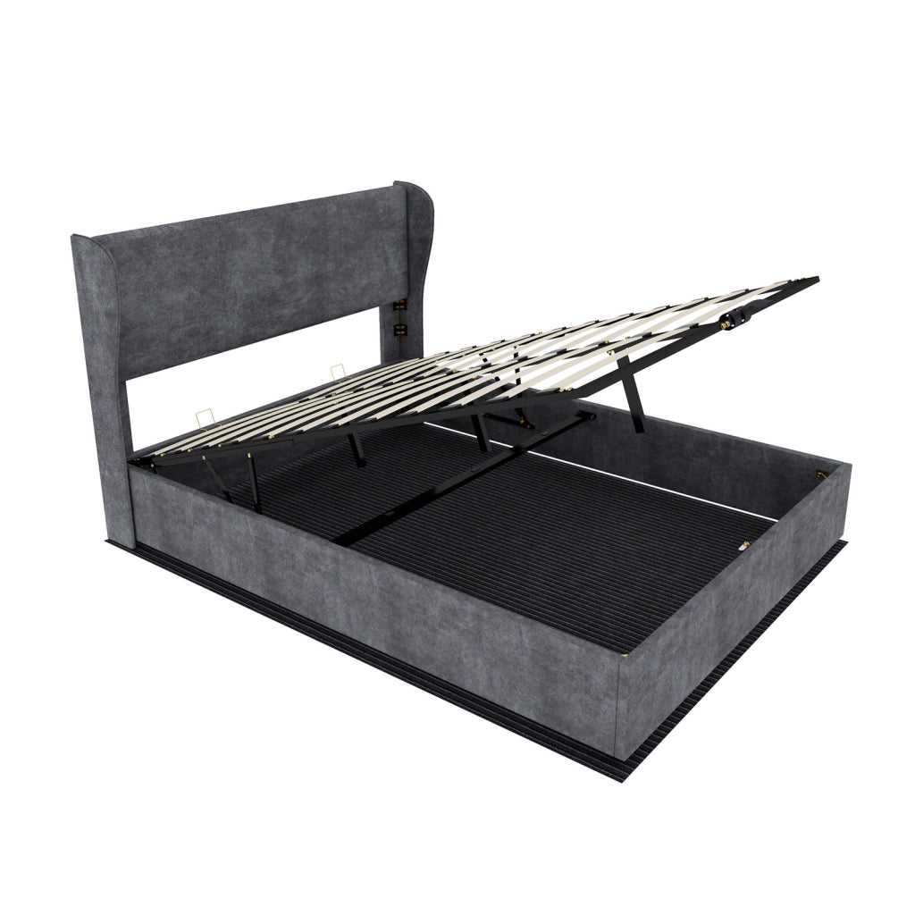 Letto imbottito moderno 160x200 cm con testiera in velluto grigio e base contenitore con meccanismo a gas