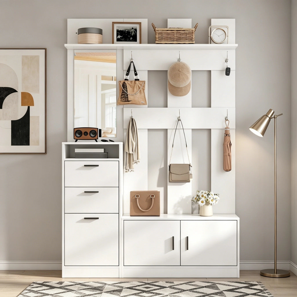 Guardaroba da ingresso con scarpiera a ribalta; specchio; sei ganci e panca in MDF bianco opaco 120 × 30 × 180 cm