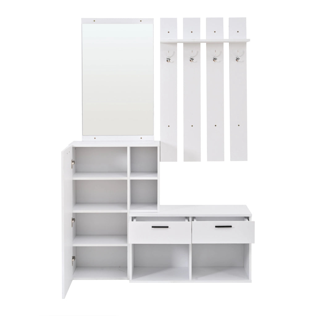 Mobile da ingresso con specchio, anta, 2 cassetti, 10 vani e 4 ganci per ingresso, in MDF bianco, 120 × 35 × 175,5 cm