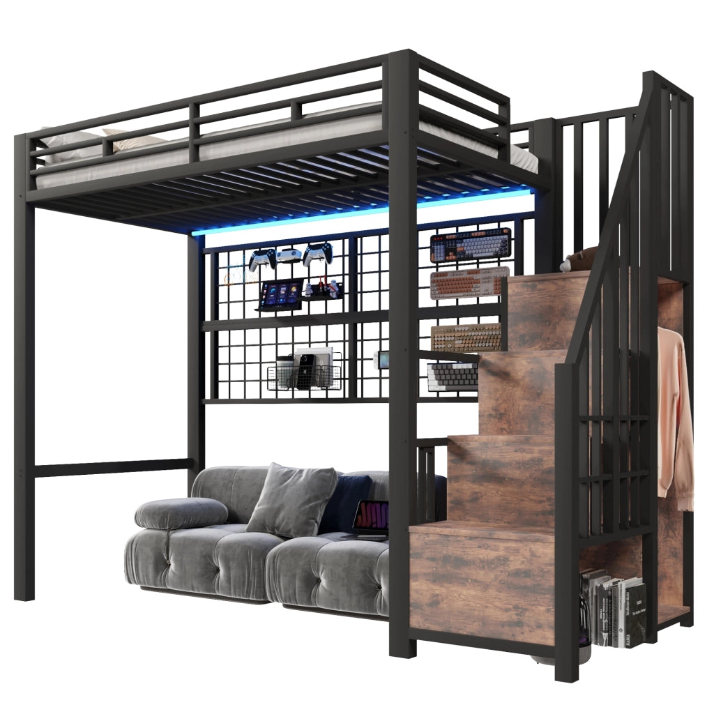 Letto a soppalco 90x200 cm in metallo e MDF nero con appendiabiti e LED