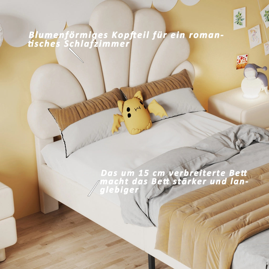 Letto imbottito 90 × 200 cm con testiera a fiore in velluto beige; rete a 12 doghe e struttura in MDF