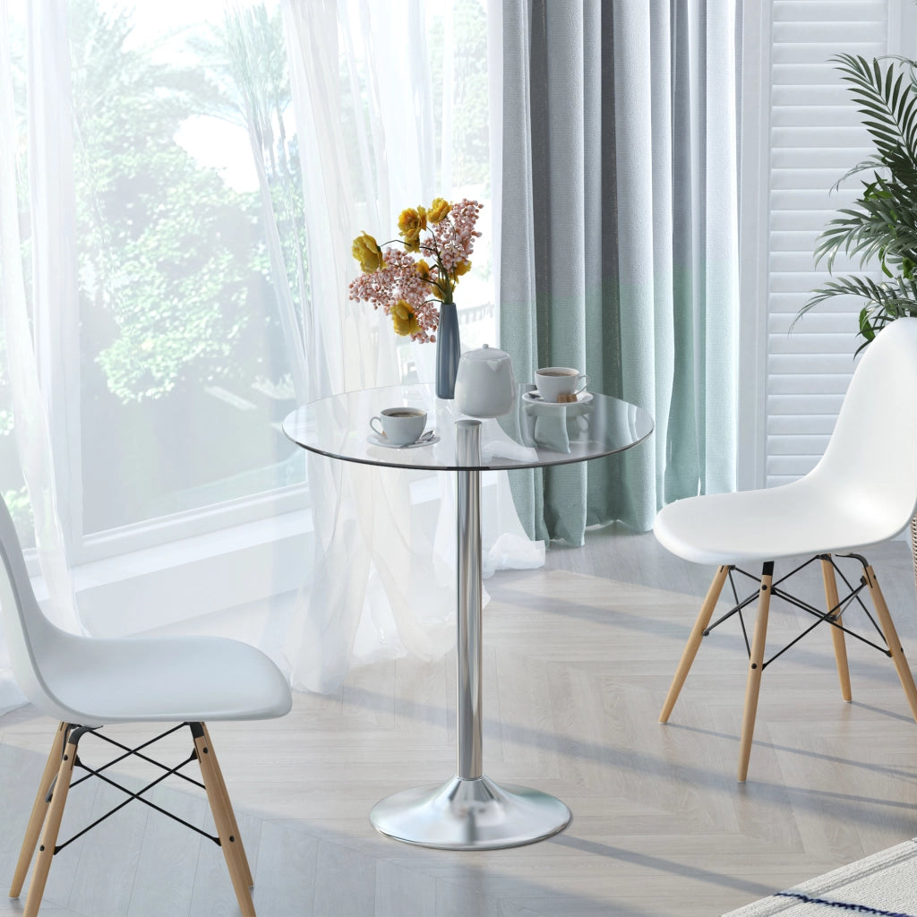 Tavolo da pranzo rotondo con piano in vetro e gambe in metallo ¨C Zephmum ¨C Argento