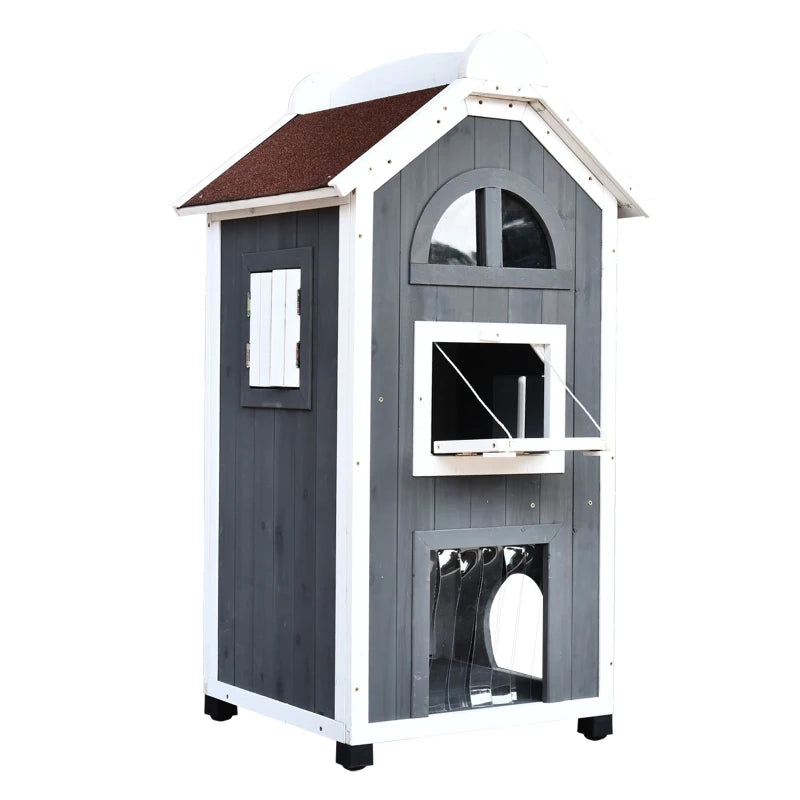 Casetta per gatti 59x55x109 cm a due piani con tetto in asfalto in legno grigio