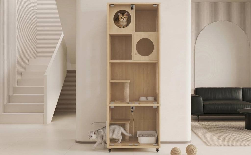 Mobile per gatti in legno naturale; villa per gatti da interno 60x50x156cm