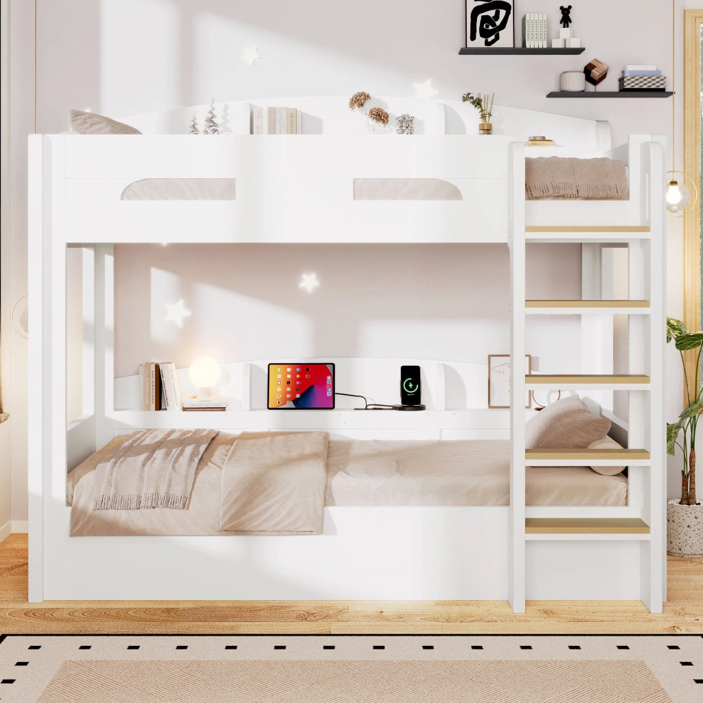 Letto a Soppalco 140x200 cm con USB; Contenitore; Scala e Sponde; Bianco