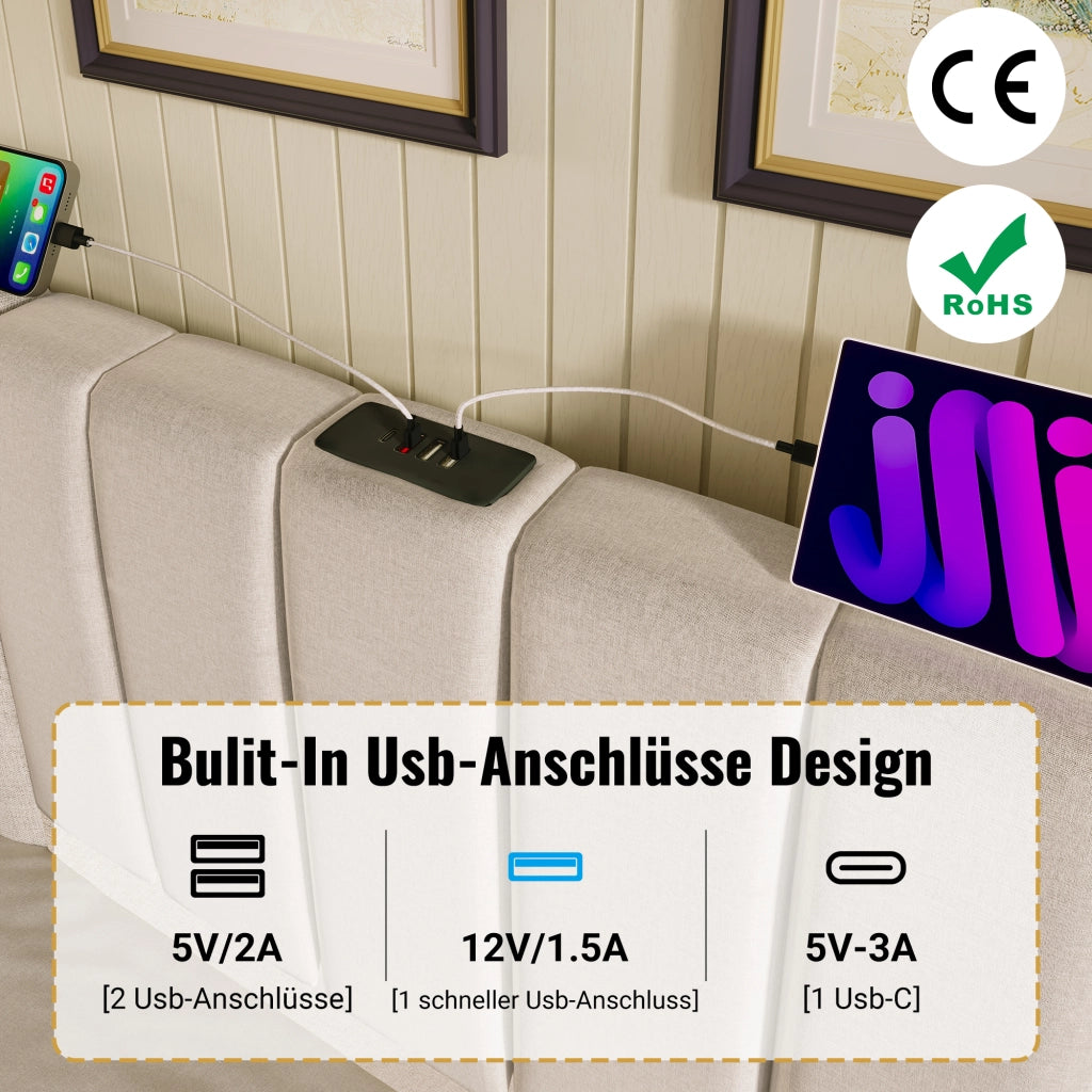 Letto contenitore 160 × 200 cm con LED controllo app e ricarica USB-C rivestito in lino beige