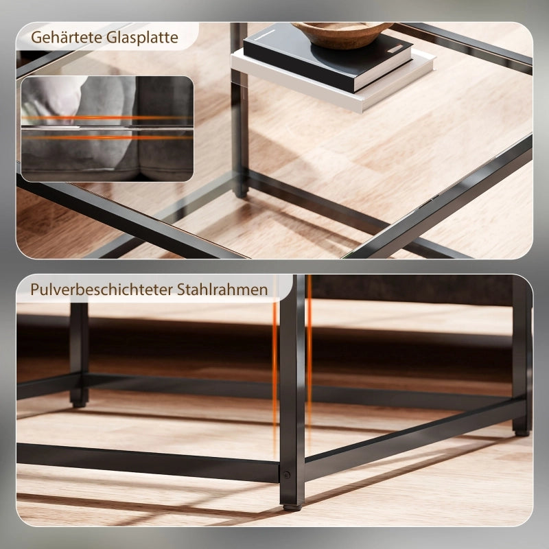 Tavolino basso fisso da soggiorno con piano in vetro temperato e struttura in acciaio nero 68 × 68 × 39 cm