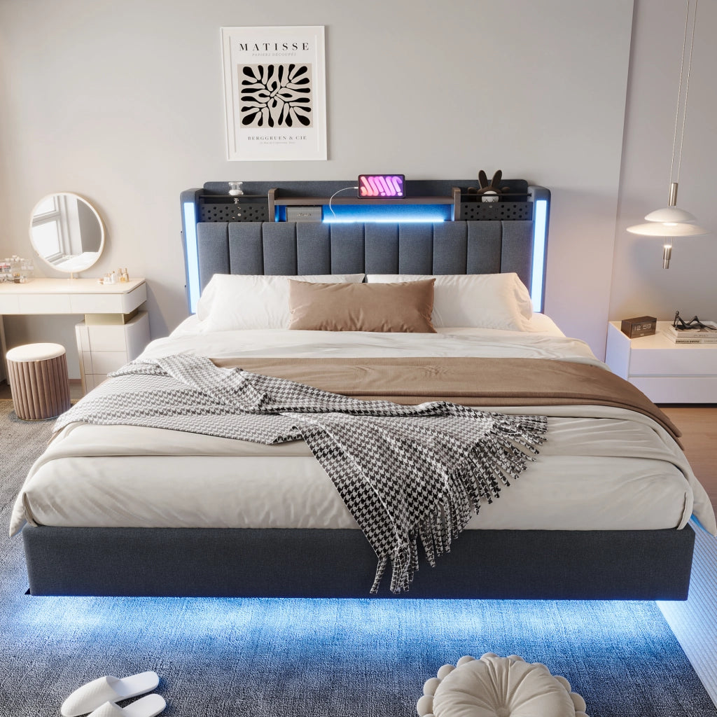Letto matrimoniale imbottito 160 × 200 cm in lino grigio con LED USB testiera contenitore e rete a doghe