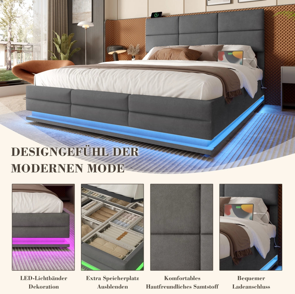 Letto contenitore 180x200 cm in velluto grigio con testiera regolabile; LED dimmerabile e USB