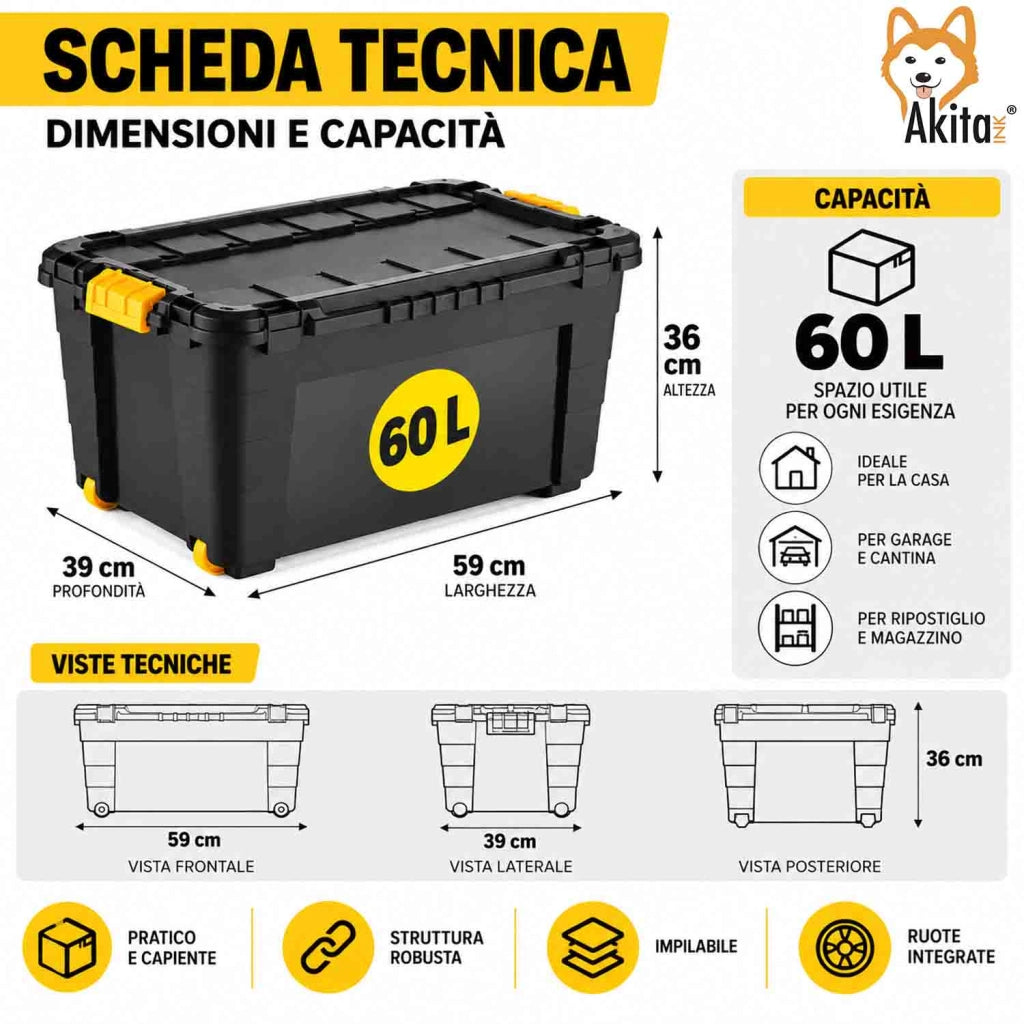 Akitaink Contenitore Box 60L Magic 4UP aperture con Ruote Nero