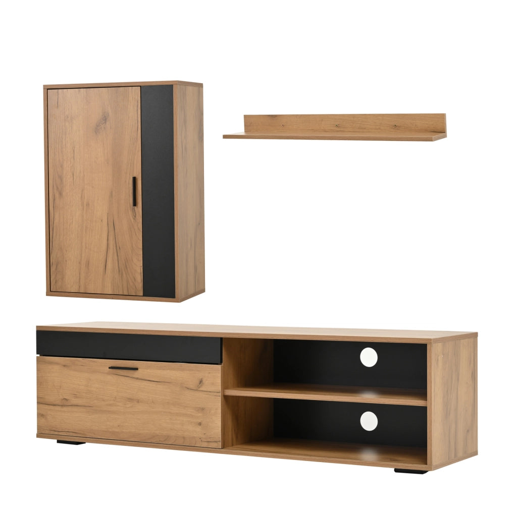 Set mobili soggiorno TV 140x35x39 cm con mobile TV, armadietto da parete e mensola, design moderno in truciolato legno e nero
