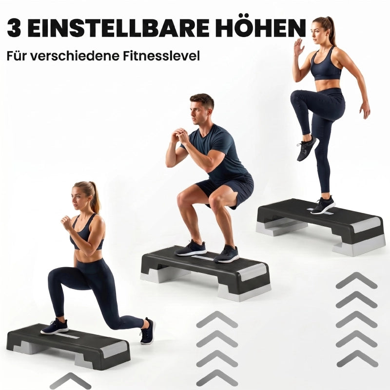 Pedana step regolabile in altezza, stepper aerobico fitness con 3 livelli (15/20/25 cm), tappetino antiscivolo, nero e grigio