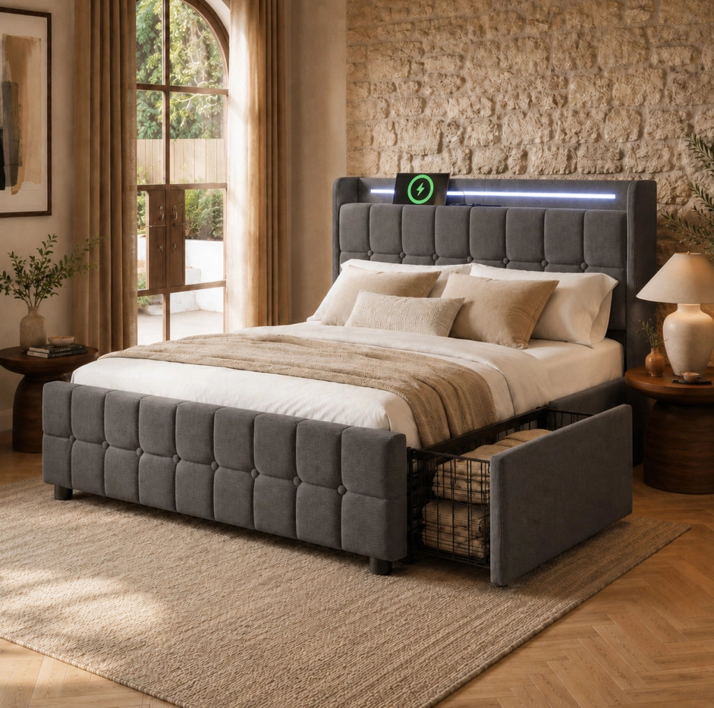 Letto matrimoniale 160x200 cm con 4 cassetti; LED e prese USB; grigio