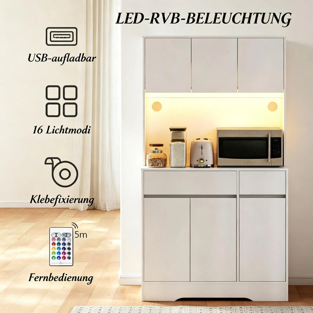 Alta credenza da cucina con illuminazione LED RGB, piano di lavoro, 6 ante e 2 cassetti, mobile contenitore per la cucina