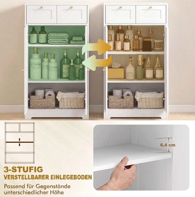 Mobile da bagno bianco con 2 cassetti e ripiano regolabile, 60x30x108 cm