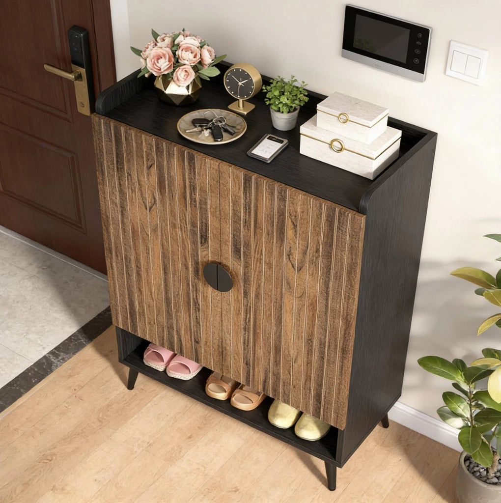 Armadio Vintage in Legno per Scarpe con 7 Ripiani Regolabili e 2 Ante, Organizer Rustico per Ingresso