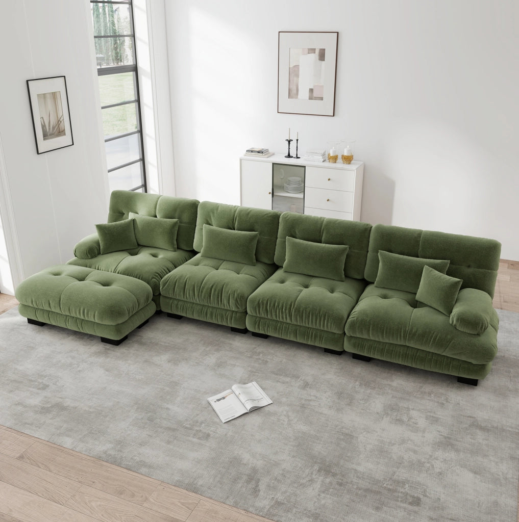 Divano angolare modulare 4 posti in tessuto Chenille verde con pouf mobili