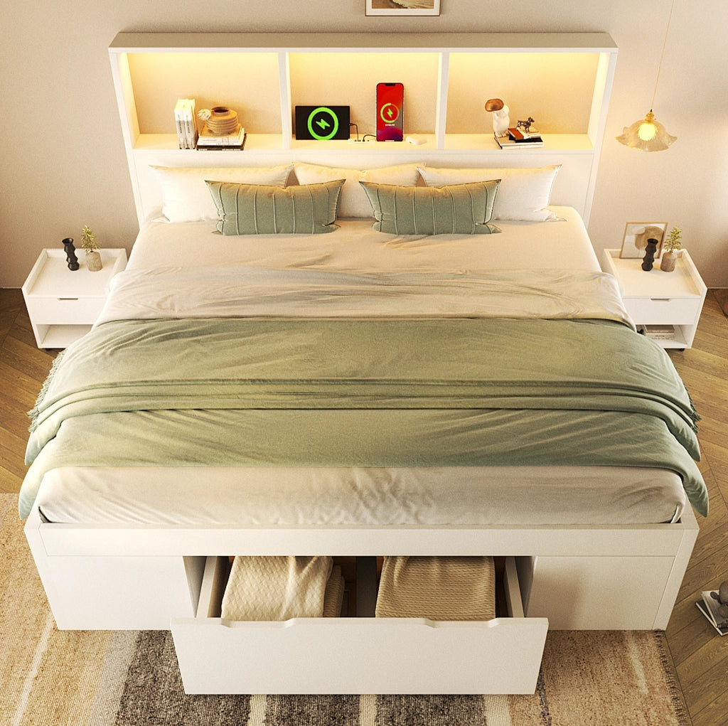 Letto 140x190 cm bianco con comodini mobili, LED e USB-C