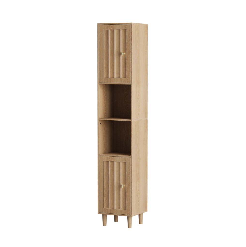 Mobile da Bagno Stile Mid-Century, Armadietto Alto in MDF con Ante e Ripiani Aperti, Legno di Pino, 32x30x169 cm, Finitura Quercia