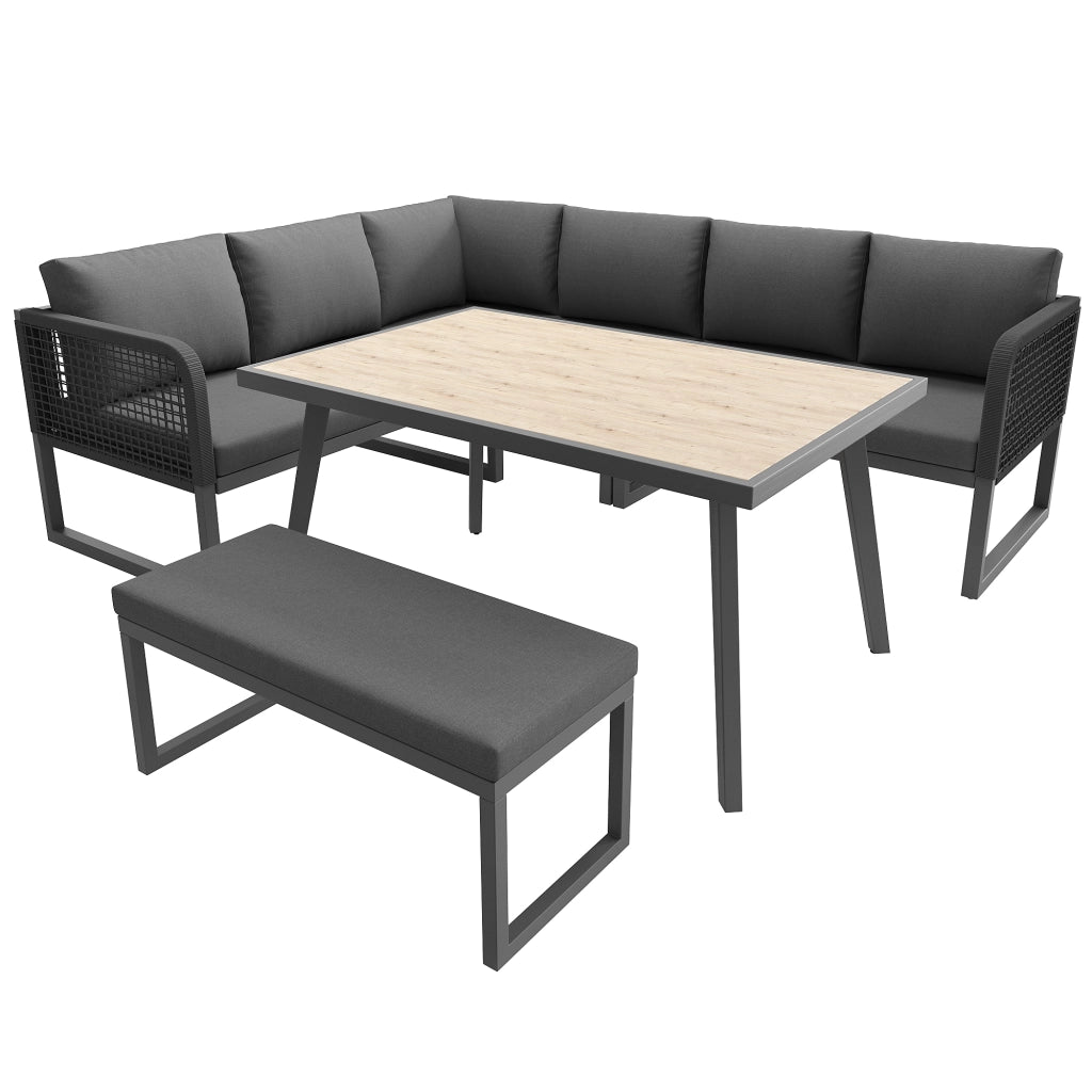 Set lounge da giardino modulare 5 pezzi in rattan PE grigio con tavolo