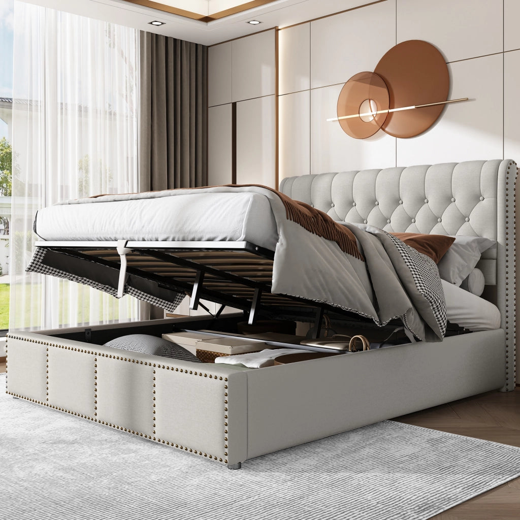 Letto imbottito contenitore 140x190 cm in lino grigio con rete a doghe