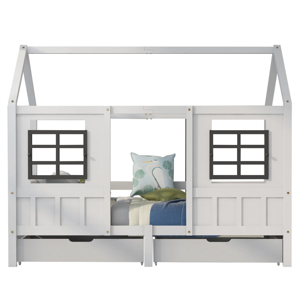 Letto casa con due cassetti e finestre, bianco