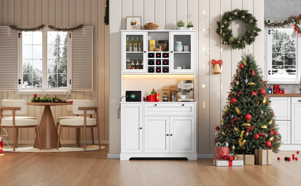 Armadio da cucina alto 180x105x40 cm con porta, ripiano spezie integrato, mensole regolabili, illuminazione LED a cambio colore e presa elettrica