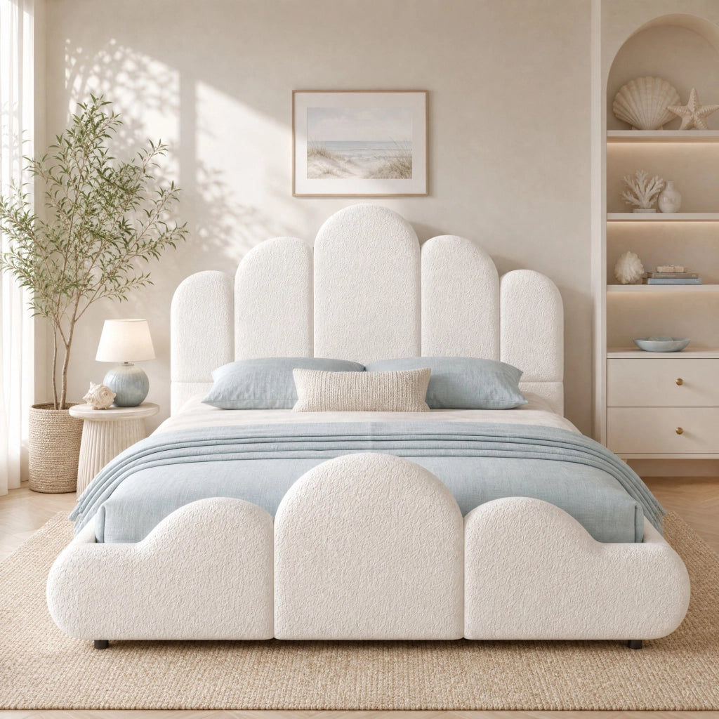 Letto imbottito per bambini 140x200 cm in bouclé beige con bordi arrotondati