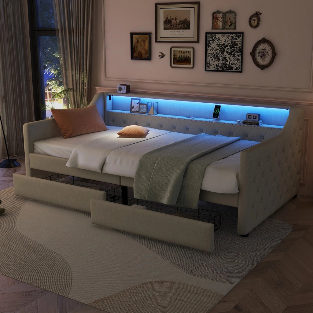 Letto con cassetti 90 × 200 cm con rete a doghe; LED con telecomando e presa USB; lino e MDF beige