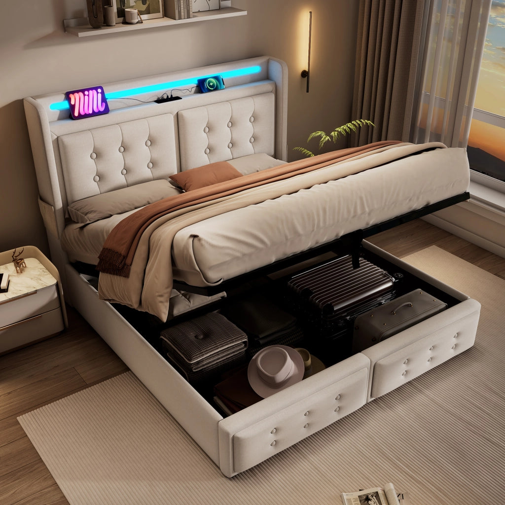 Letto Matrimoniale 160x200 con Contenitore Idraulico e Testiera LED; Struttura in Metallo e Cotone; Letto Imbottito Beige