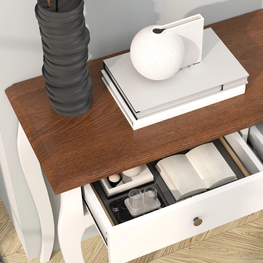Tavolo Consolle Moderno 100x35x76,5 cm con 2 Cassetti in Legno Bianco e Marrone Scuro
