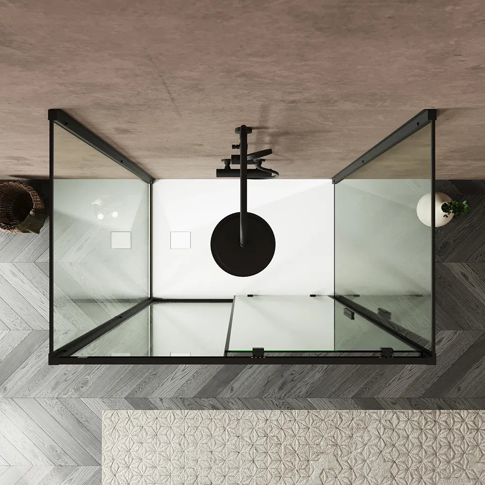 Box doccia tre lati 80x130x80cm con porta scorrevole profili nero opaco e vetro 6mm trasparente h190 | Portofino