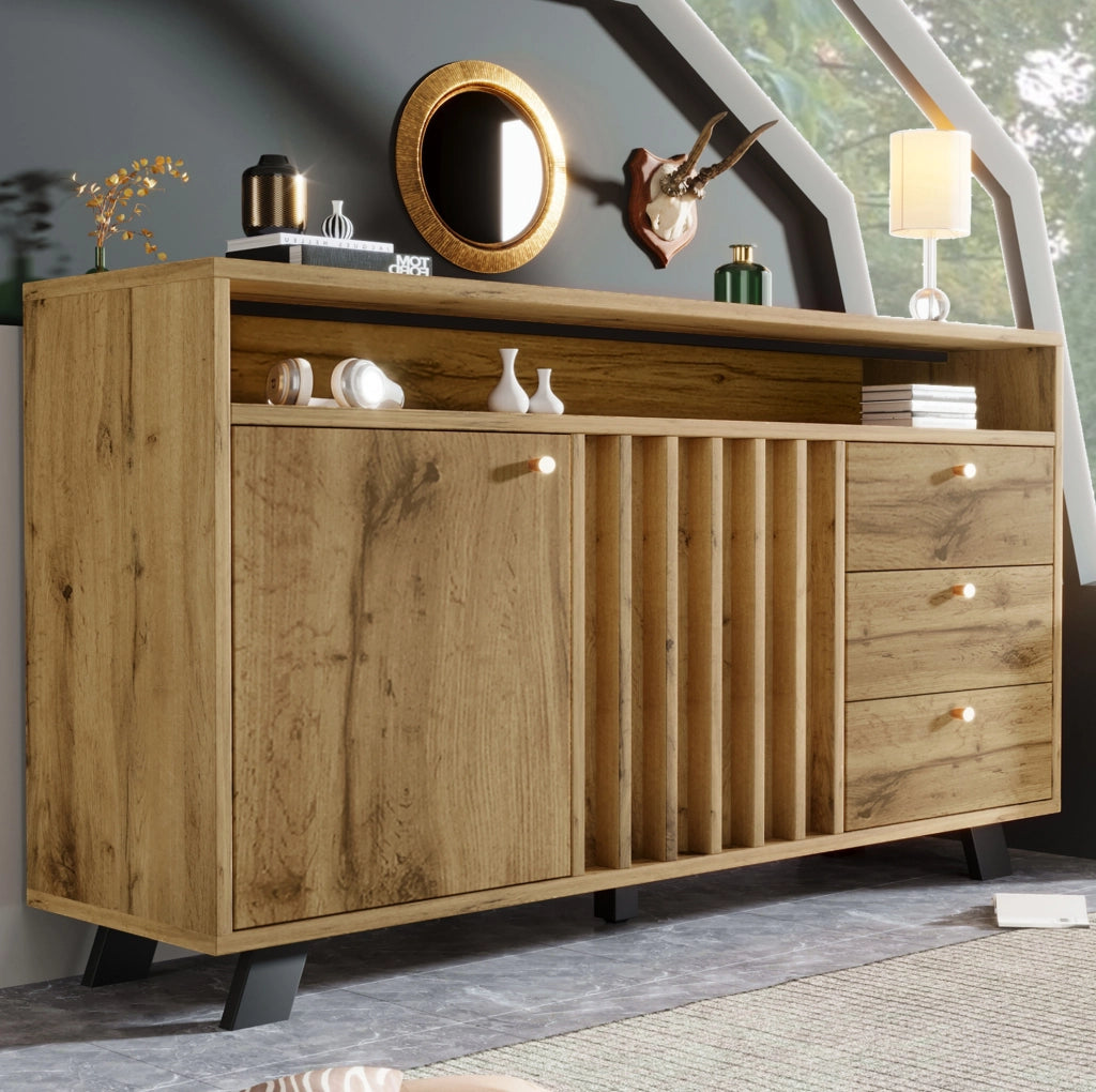 Credenza con 3 cassetti e 2 ante effetto rovere scuro, ripiano regolabile e vano a giorno