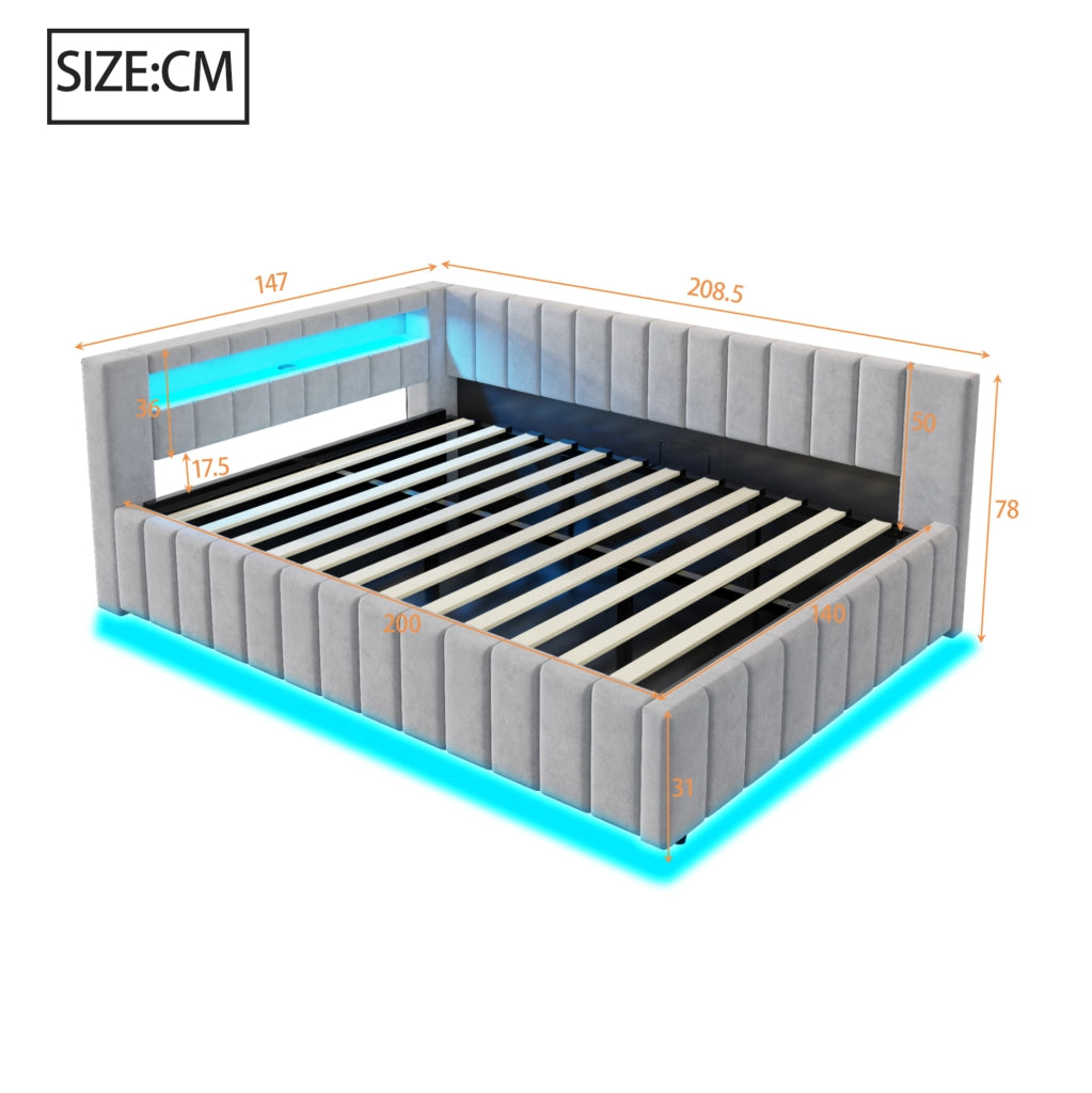 Letto imbottito con contenitore, LED e USB