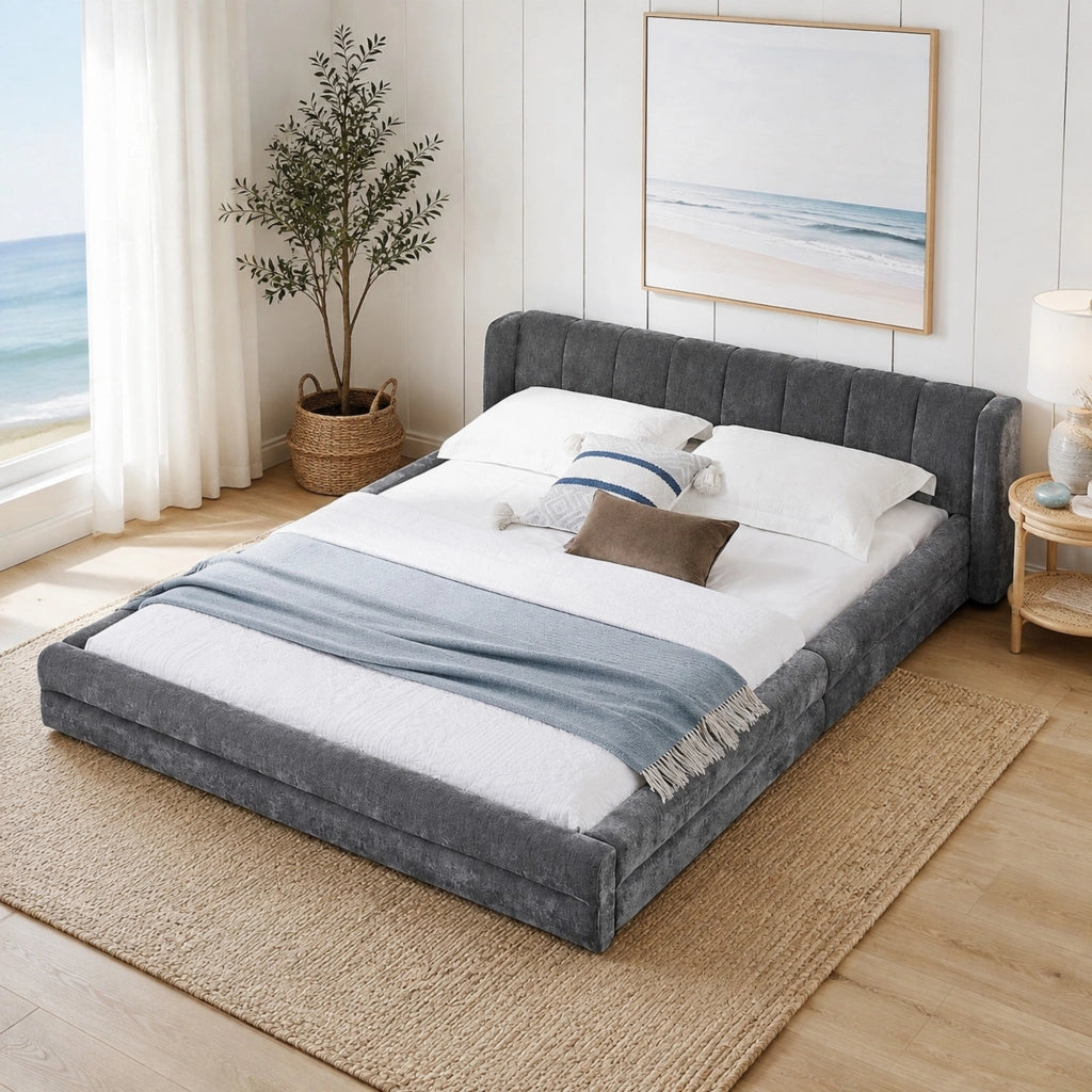 Letto 140 × 200 cm con testiera imbottita rivestito in ciniglia trapuntata grigio scuro senza materasso
